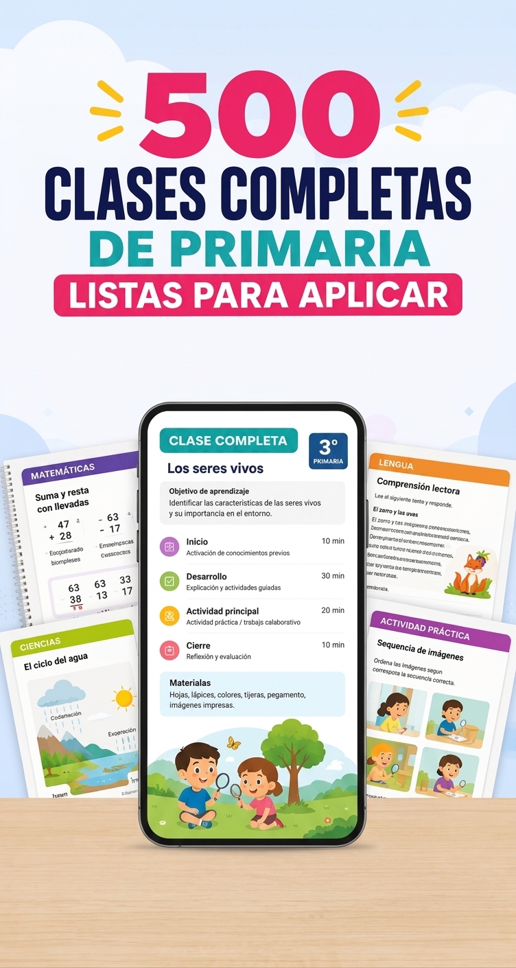 Mockup del material: celular y tablet con clases completas de primaria y fichas imprimibles
